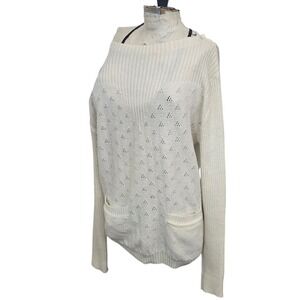 VINTAGE 80s Begies Way Eyelet Sweater Boat‎ Neck Cream Made in Hong Kong Flaw